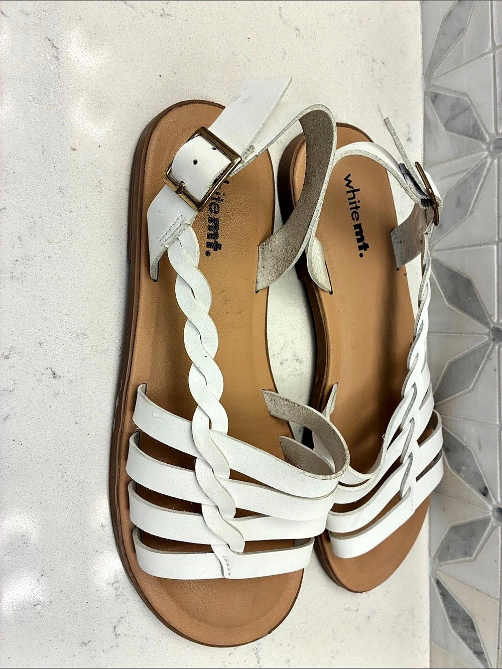 White Mountain Strappy Flat Sandals in White & Brown US 6